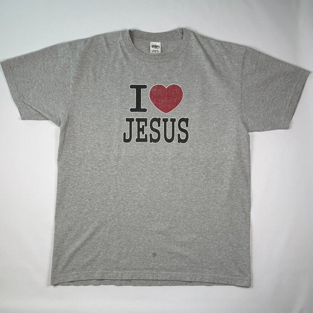 Vintage I Love Jesus Graphic T-Shirt XL Gray Christian Heart Tee
